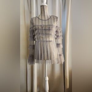 New Grey Purple ruffle mesh blouse
